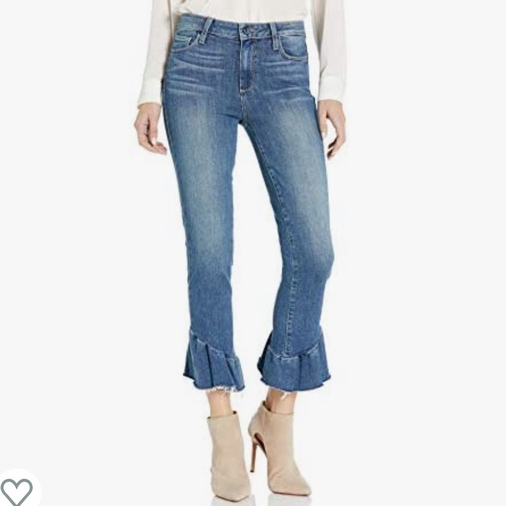 PAIGE Flora Frayed Ruffle Hem Cropped Jeans in Barkley, Size 28